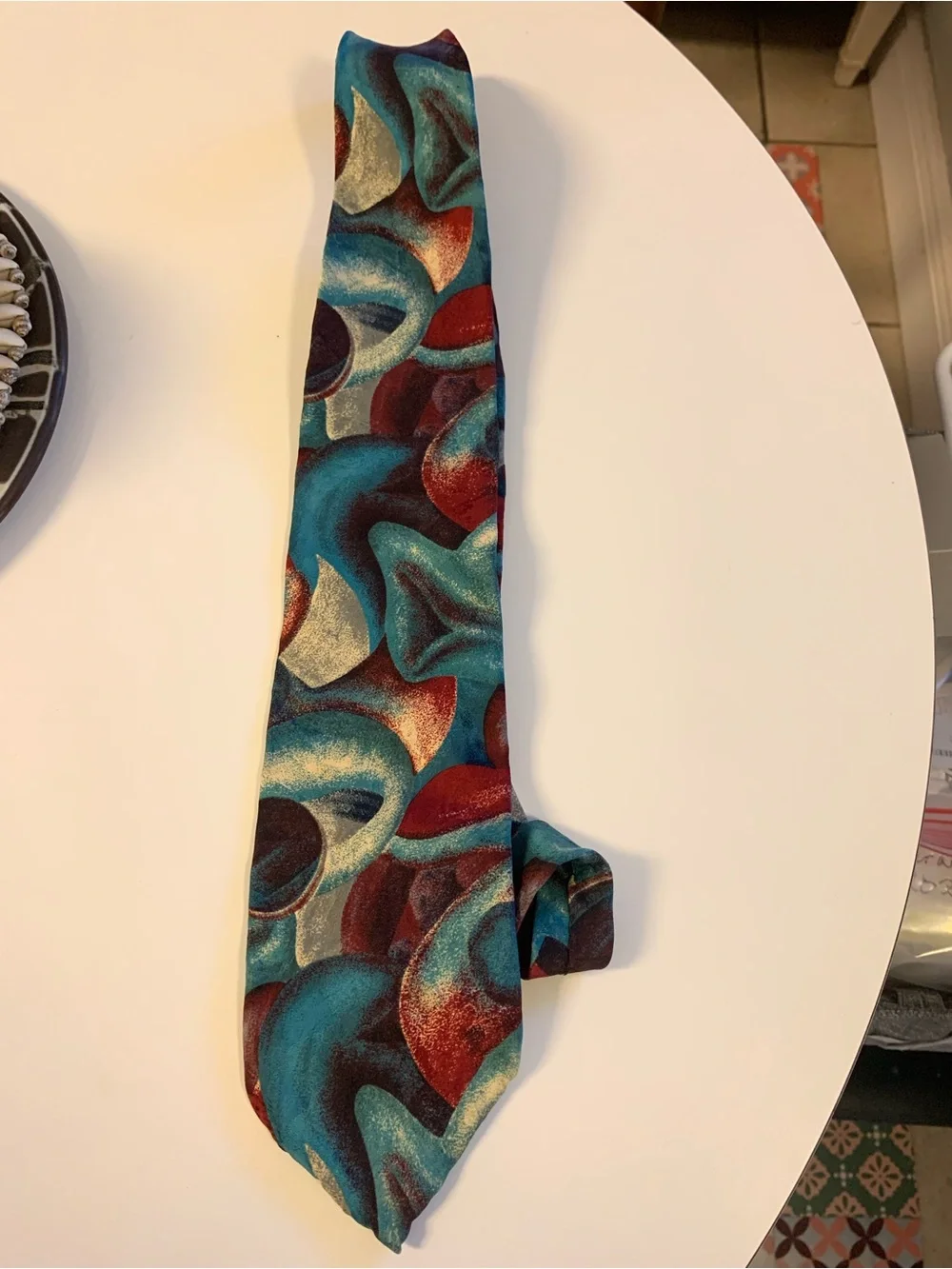 Abstract Wave Pattern Men's Tie in Teal & Red